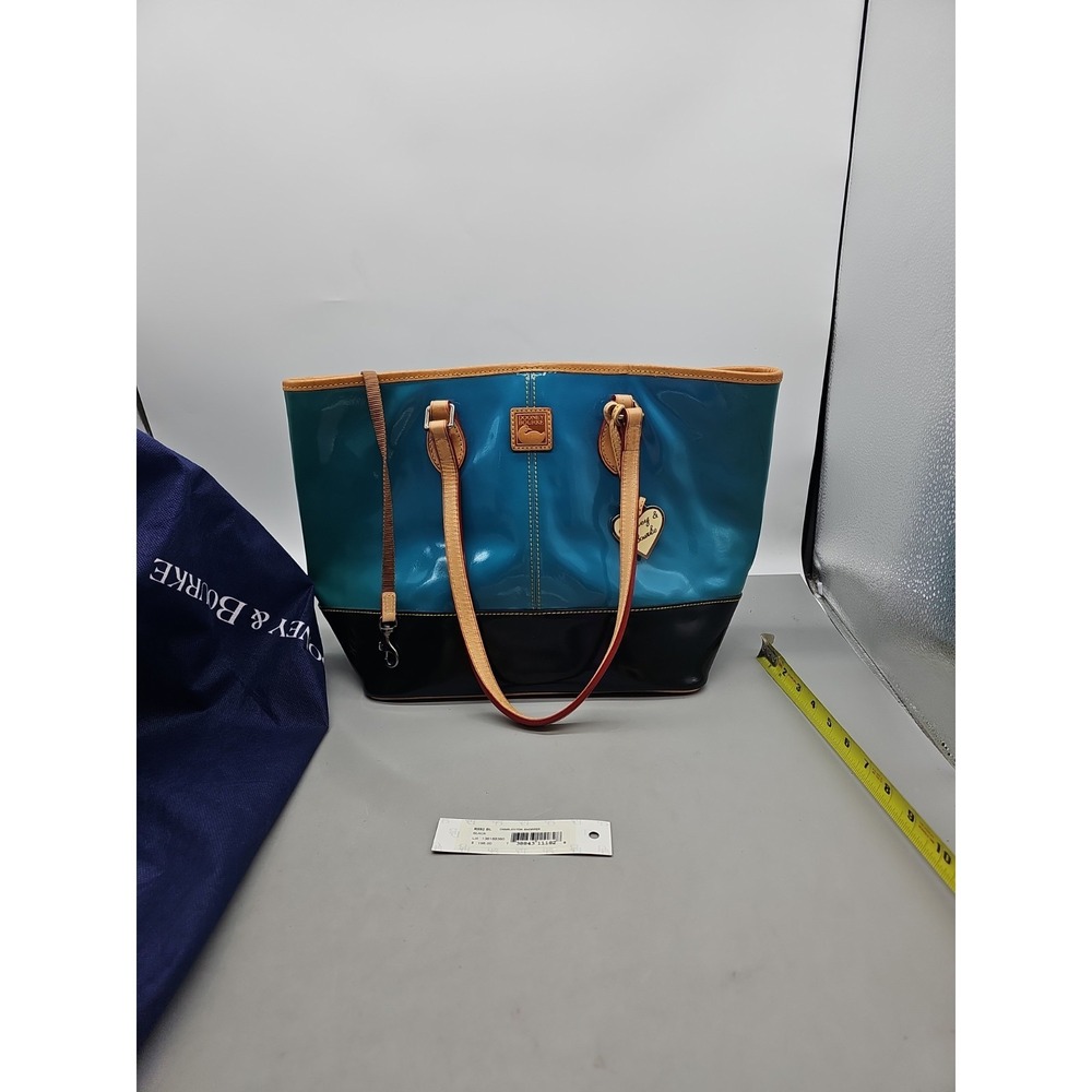 Dooney & Bourke Medium Two Tone Leather Shopping Tote Zippered Purse, Blue& Teal